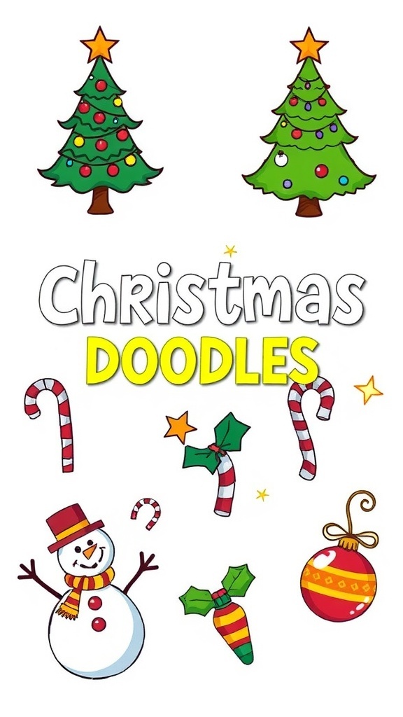 Easy Christmas Doodle Ideas A variety of simple Christmas doodles featuring a tree, snowman, candy canes, and ornaments.